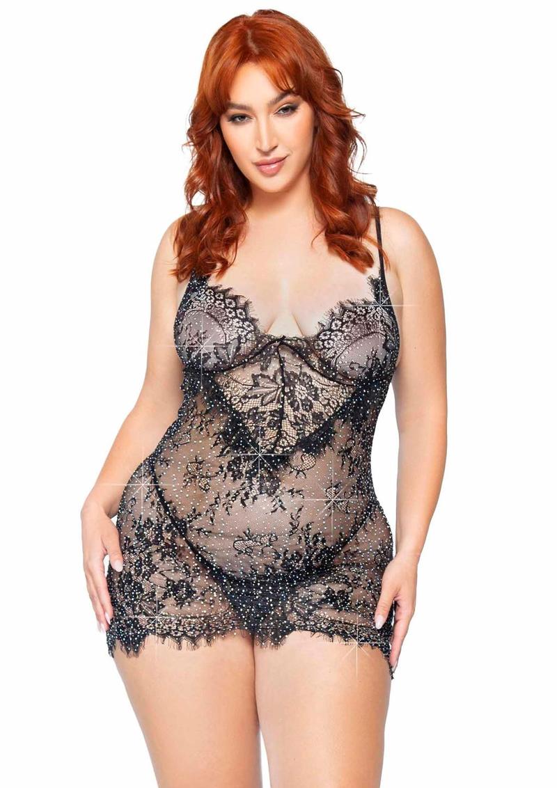 Leg Avenue Eyelash Lace Rhinestone Backless Mini Dress And G String 2
