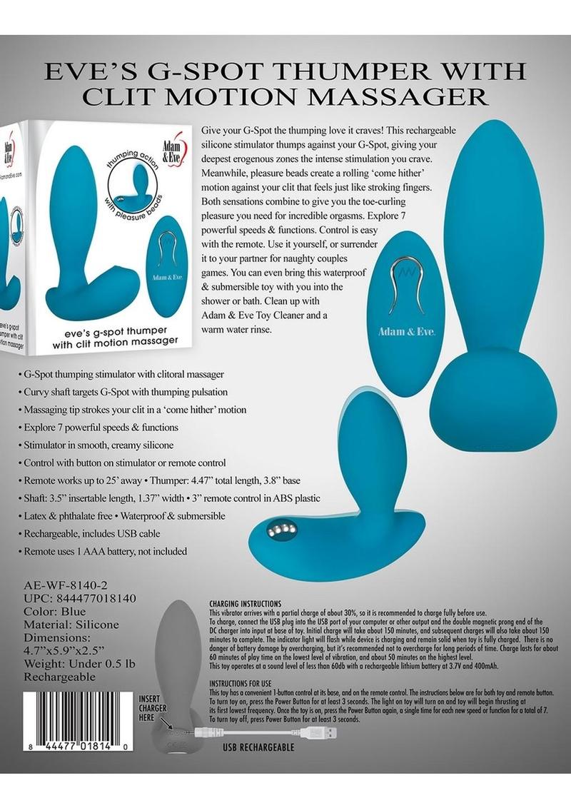 Adam and Eve - Eve's G-Spot Thumper with Clit Motion Silicone Rechargeable Remote Control Massager - Teal