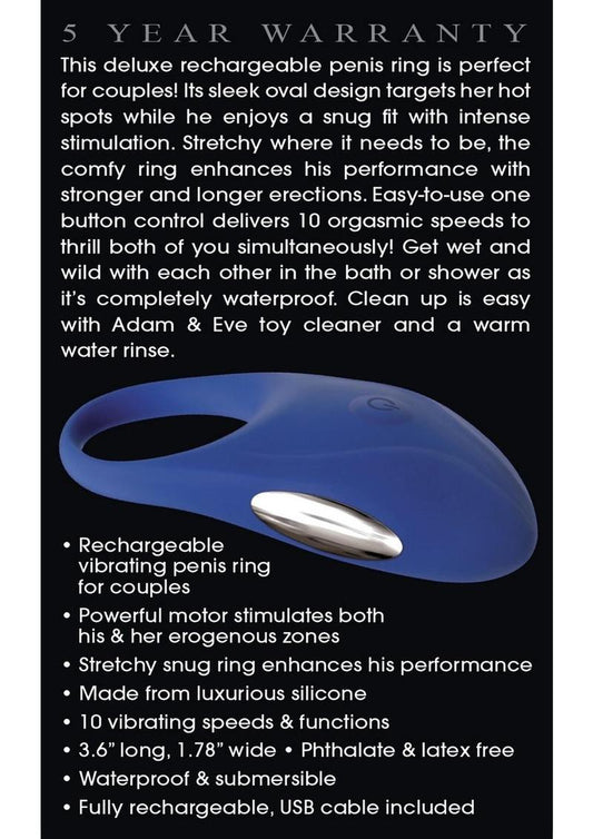 Adam and Eve The Rechargeable Silicone Couples Penis Ring - Blue