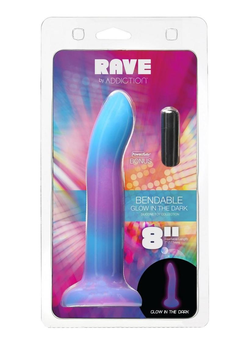 Addiction Rave Silicone Glow In The Dark Dildo - Blue/Glow In The Dark/Purple - 8in