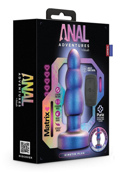 Anal Adventures Matrix Kinetic Plug Rechargeable Silicone Anal Plug with Remote- Space Age - Blue