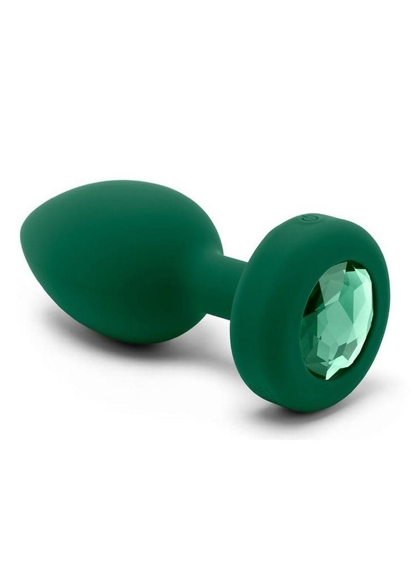 B-Vibe Vibrating Jewel Plug Rechargeable Silicone Anal Plug with Remote - Emerald/Green - Large/Medium