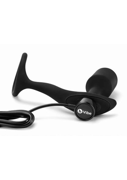 B-Vibe Vibrating Snug and Tug Rechargeable Silicone Cock Ring Andamp; Anal Plug - Black - Medium