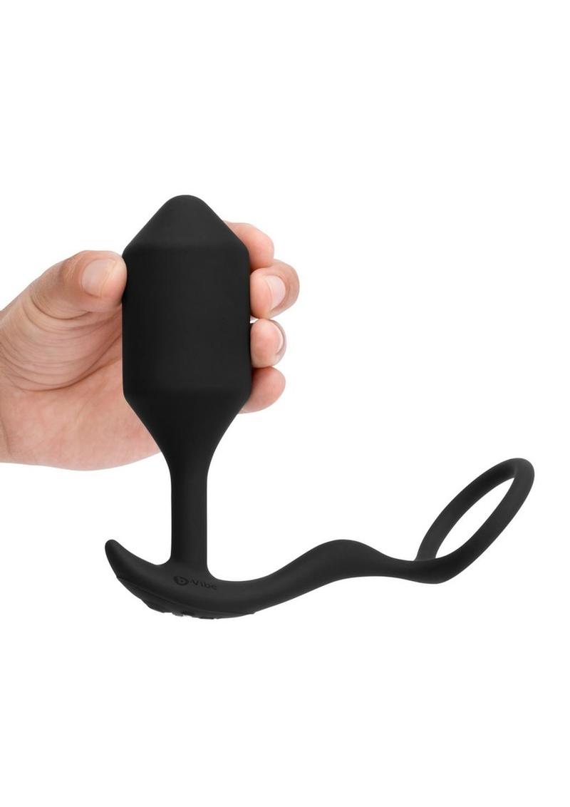 B-Vibe Vibrating Snug and Tug Rechargeable Silicone Cock Ring Andamp; Anal Plug - Black - XLarge