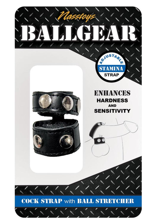 Ballgear Pu Leather Cock Strap with Iron Ball Stretcher - Black