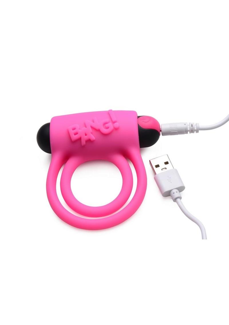 Bang! Silicone Rechargeable Cock Ring and Bullet with Remote Control - Pink