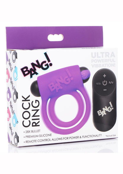 Bang! Silicone Rechargeable Cock Ring and Bullet with Remote Control - Purple