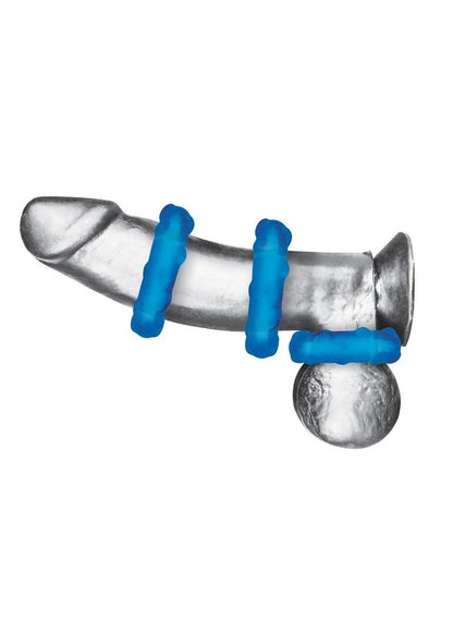 Blue Line Ribbed Rider Cock Ring - Blue - 3 Pack