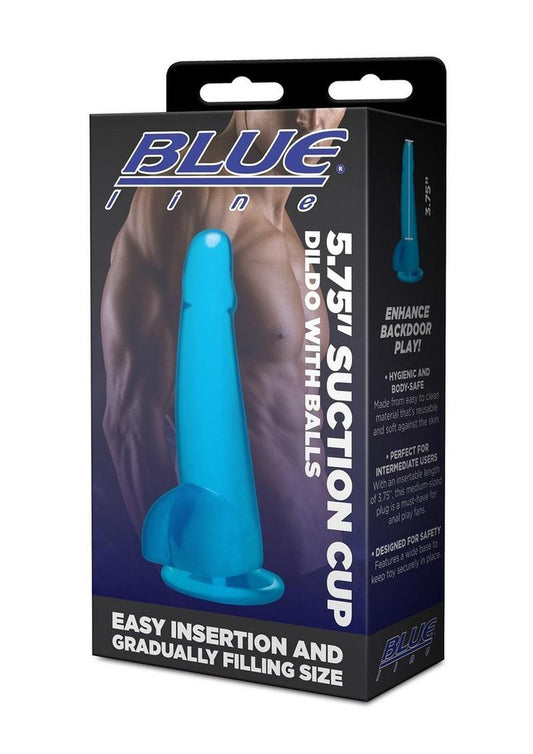 Blue Line Suction Cup Dildo with Balls - Blue - 5.75in