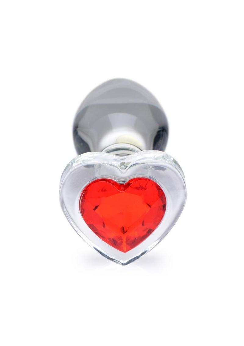 Booty Sparks Red Heart Glass Anal Plug - Clear/Red - Medium