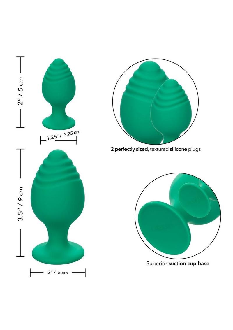 Cheeky Silicone Textured Anal Plugs - Green - Large/Small - Set Of 2