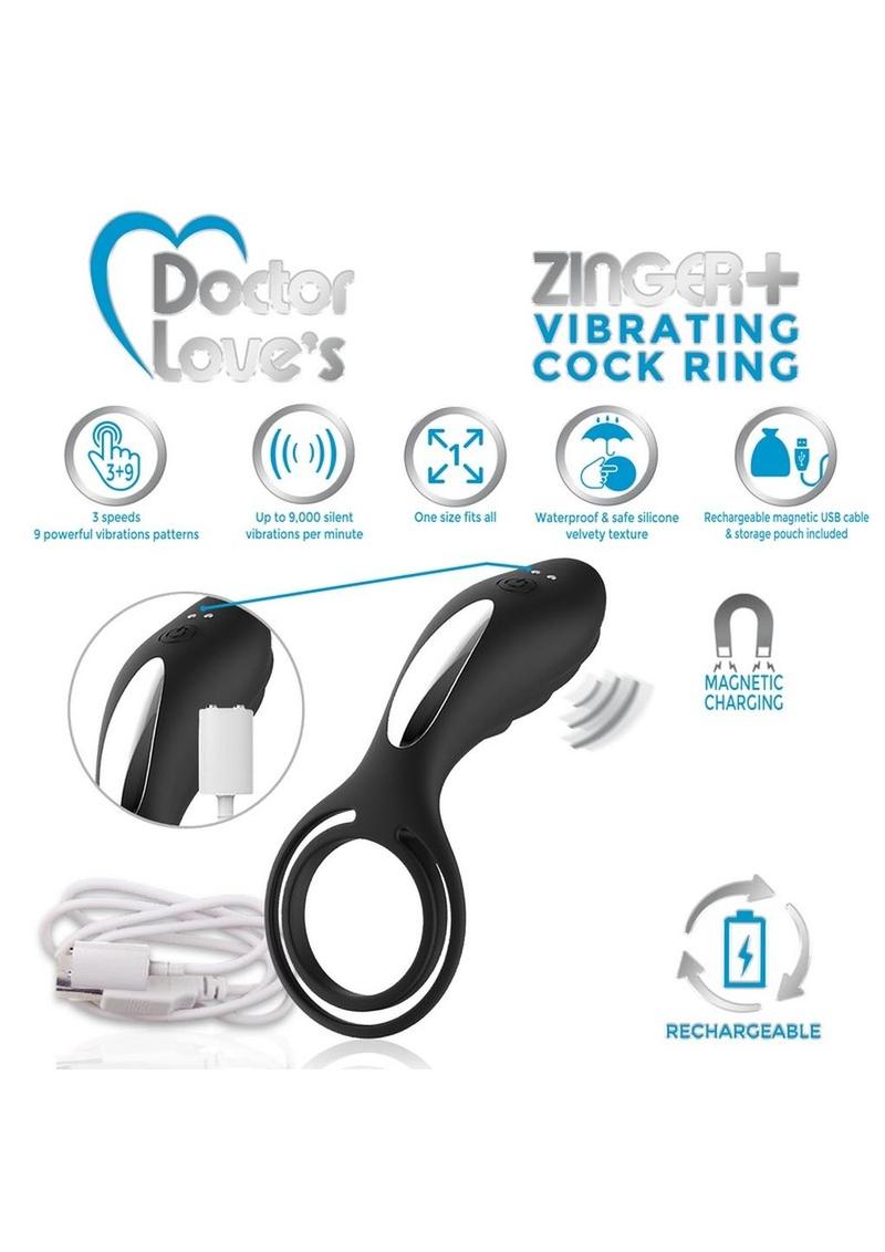 Doctor Love's Zinger Plus Silicone Rechargeable Vibrating Cock Ring - Black