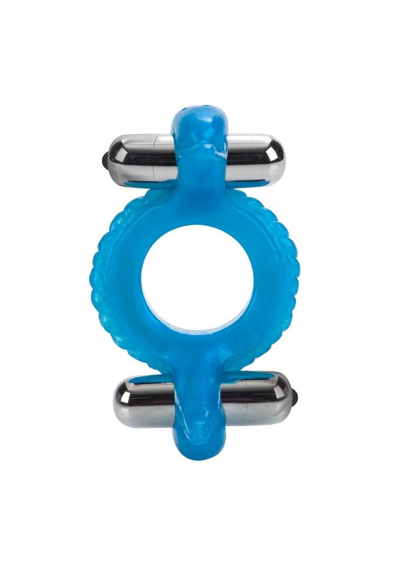 Double Dolphin Vibrating Cock Ring with Clitoral Stimulation - Blue