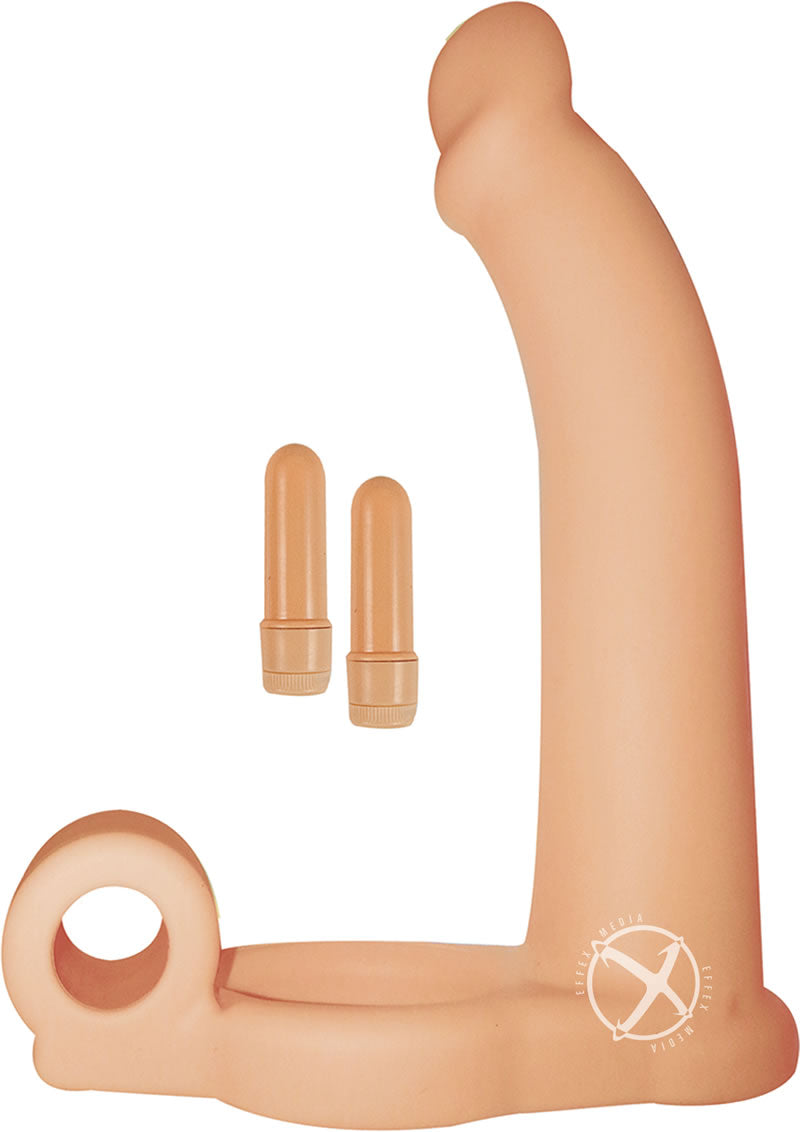 Double Penetrator Studmaker Silicone Vibrating Cock Ring - Flesh/Vanilla