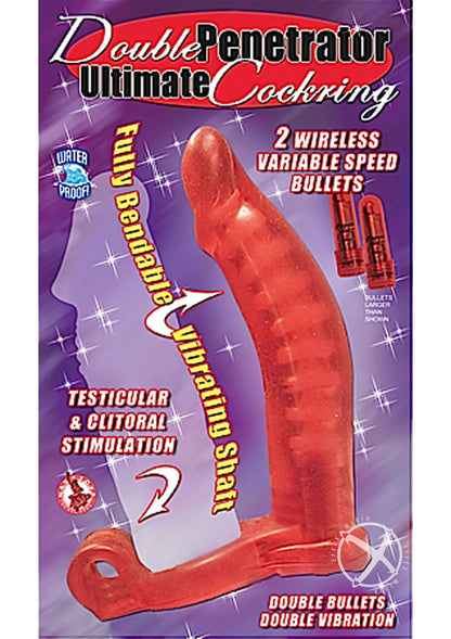 Double Penetrator Ultimate Cock Ring with Vibrating Dildo - Red