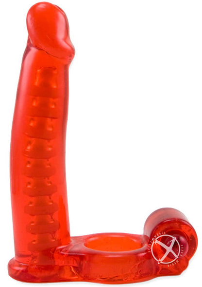 Double Penetrator Vibrating Cock Ring with Bendable Dildo - Red