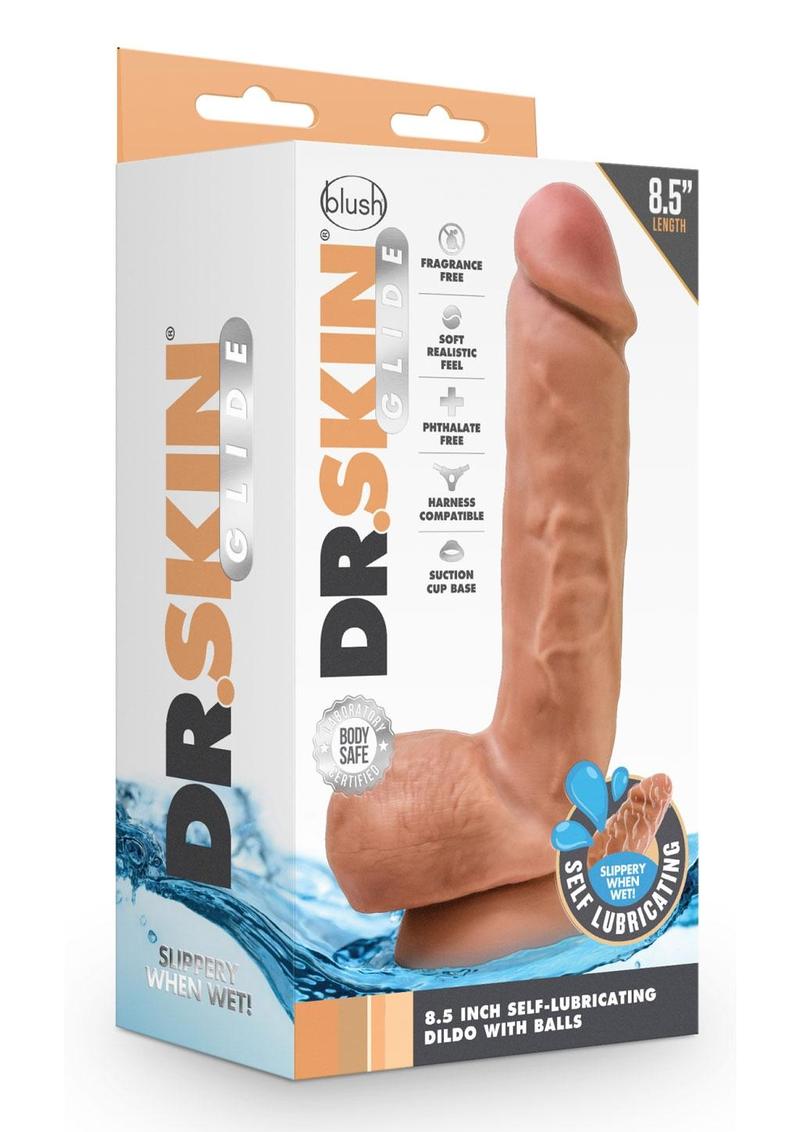 Dr. Skin Glide Self Lubricating Dildo with Balls - Caramel/Mocha - 8.5in