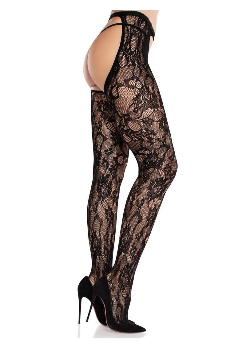 Eyelet Rose Lace Crotchless Tights with Cheeky Open Back - Black - One Size