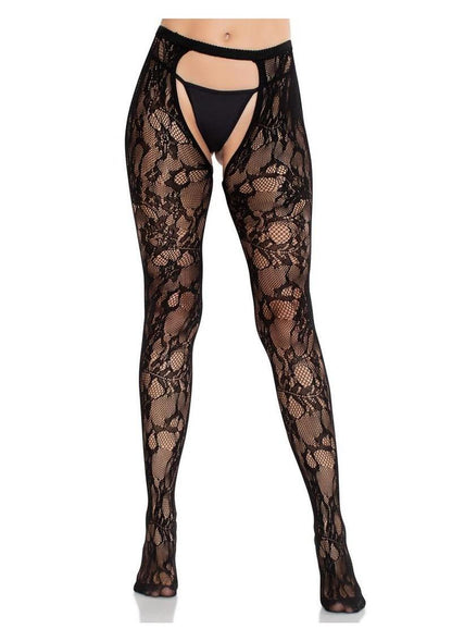 Eyelet Rose Lace Crotchless Tights with Cheeky Open Back
