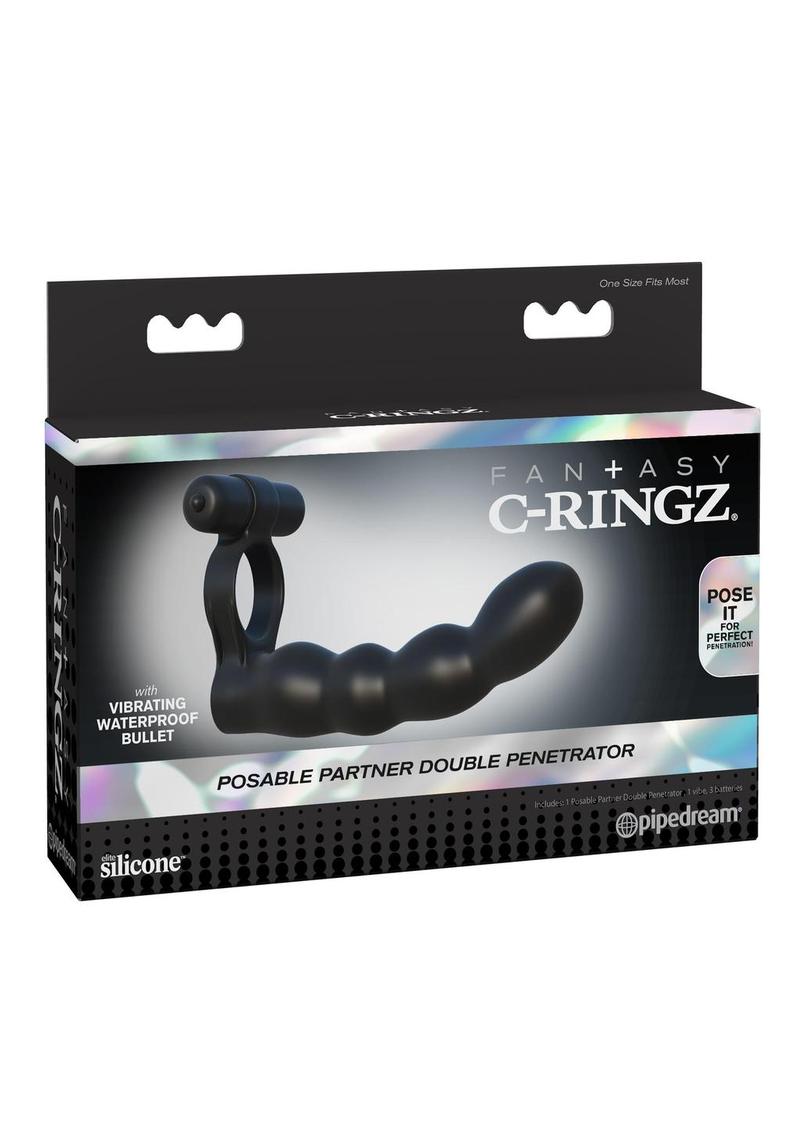 Fantasy C-Ringz Posable Partner Double Penetrator Cock Ring with Bullet - Black