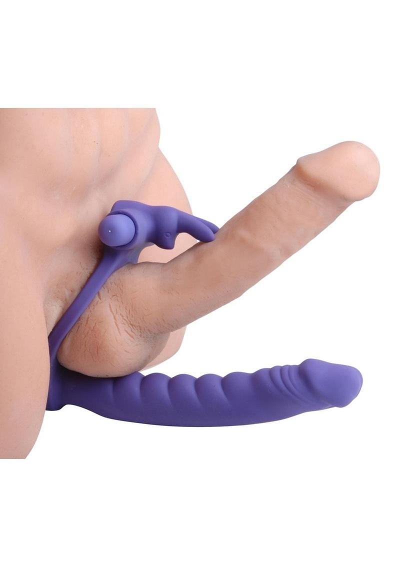 Frisky Double Delight Dual Penetration Vibrating Rabbit C-Ring - Purple