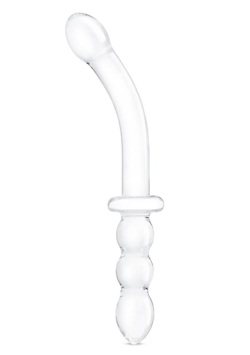 Glas Girthy Ribbed G-Spot Glass Dildo with Handle Grip Double End