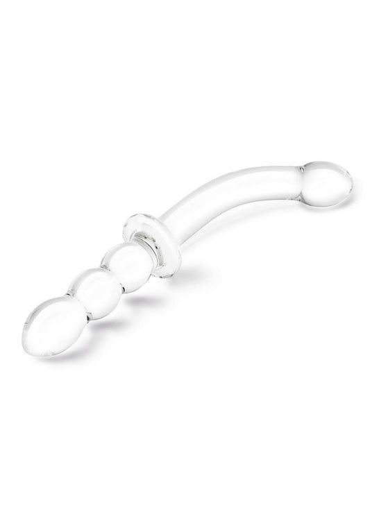 Glas Girthy Ribbed G-Spot Glass Dildo with Handle Grip Double End - Clear - 12in