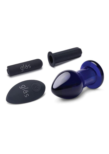 Glas Rechargeable Remote Controlled Vibrating Glass Butt Plug - Blue - 3.5in