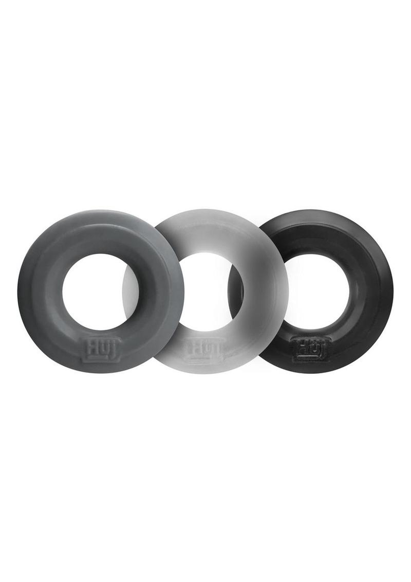 Hunkyjunk Huj3 Silicone Cock Ring - Assorted Colors/Black/Clear/Gray - 3 Pack