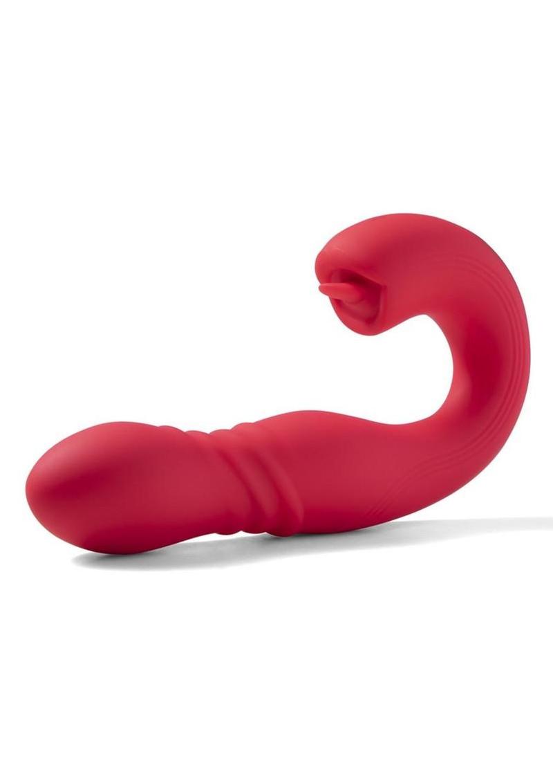 Joi Thrust 2 Pressure Sensing App Controlled Thrusting G-Spot Silicone Rechargeable Vibrator and Tongue Clit Licker - Gold/Red