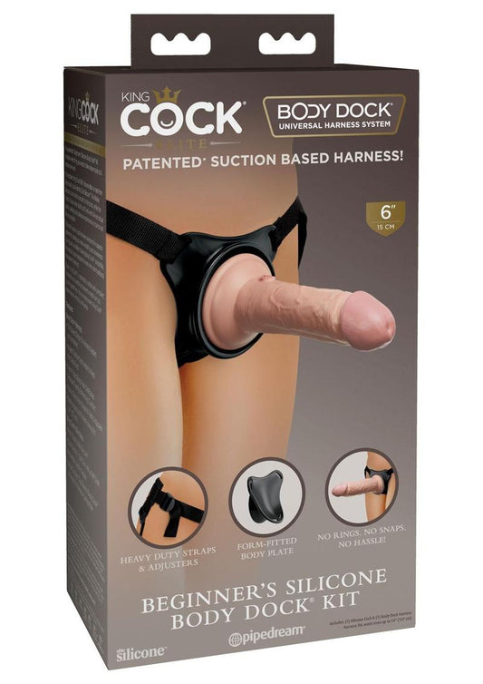 King Cock Beginner's Silicone Body Dock Strap-On Kit with Dildo - Black/Vanilla - 6in