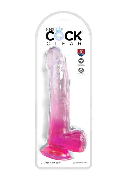 King Cock Clear Dildo with Balls - Clear/Pink - 9in