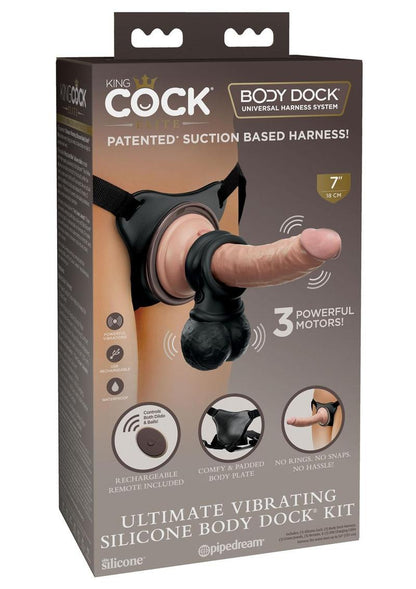 King Cock Elite Ultimate Vibrating Rechargeable Silicone Body Dock Kit with Vibrating Crown Jewels and Remote Control Dildo