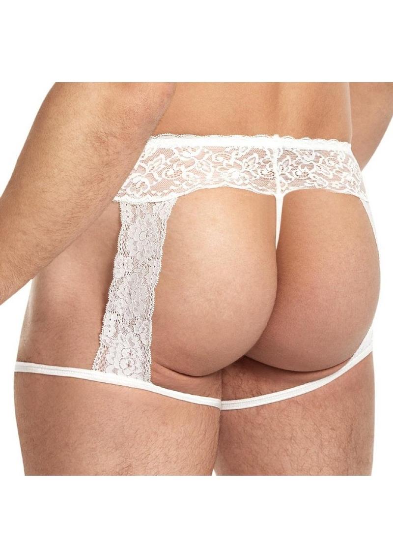 Lace King Men's Lace and Mesh Garter Panty - White - Large/XLarge