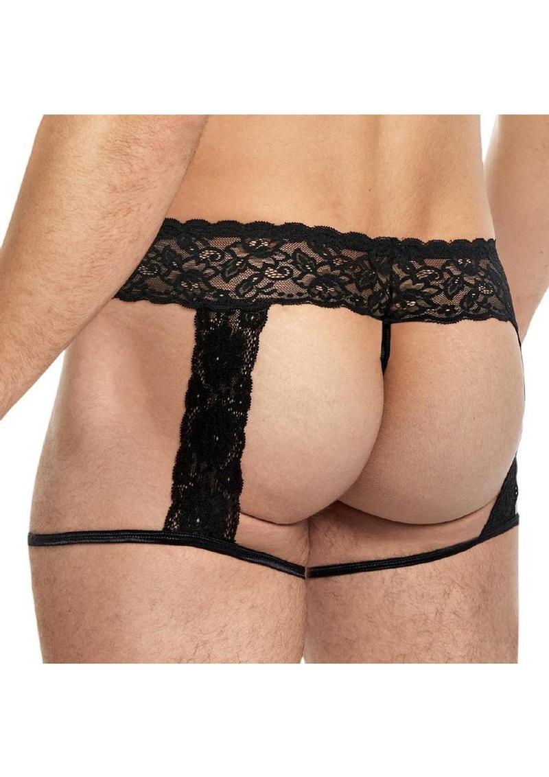 Lace King Men's Lace and Mesh Garter Panty - Black - Large/XLarge