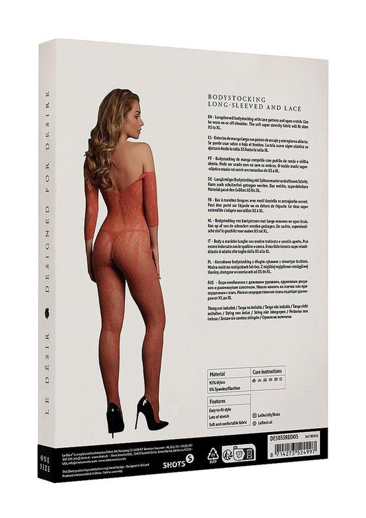 Le Desir Lace Long Sleeved Bodystocking - One Size - Sunset Glow - Orange - One Size