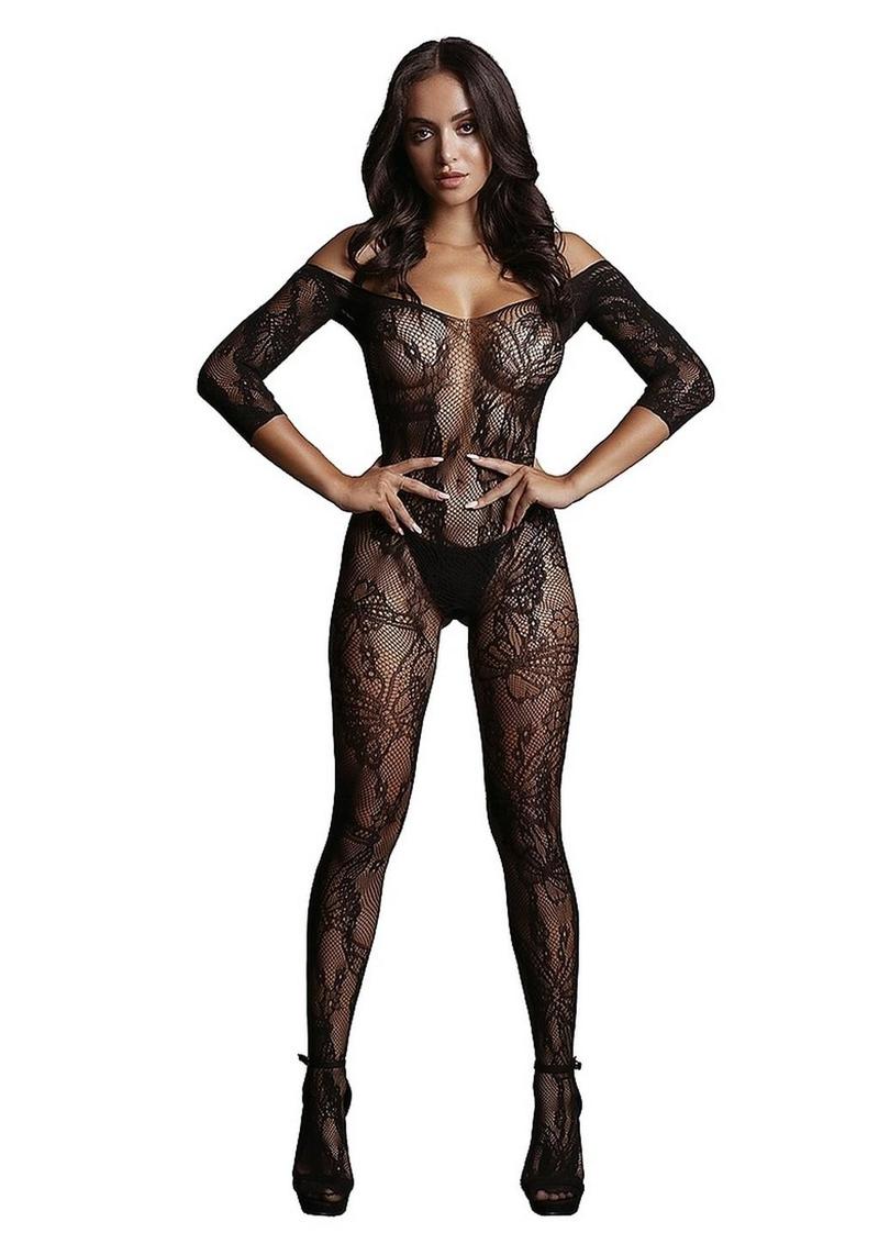 Le Desir Lace Sleeved Bodystocking - Black - One Size