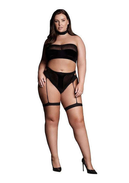 Le Desir Shade Ananke Xii Three Piece with Choker, Bandeau Top and Pantie with Garters - Black - Queen