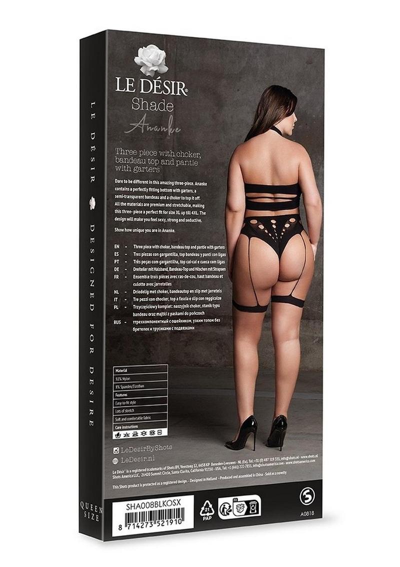 Le Desir Shade Ananke Xii Three Piece with Choker, Bandeau Top and Pantie with Garters - Black - Queen