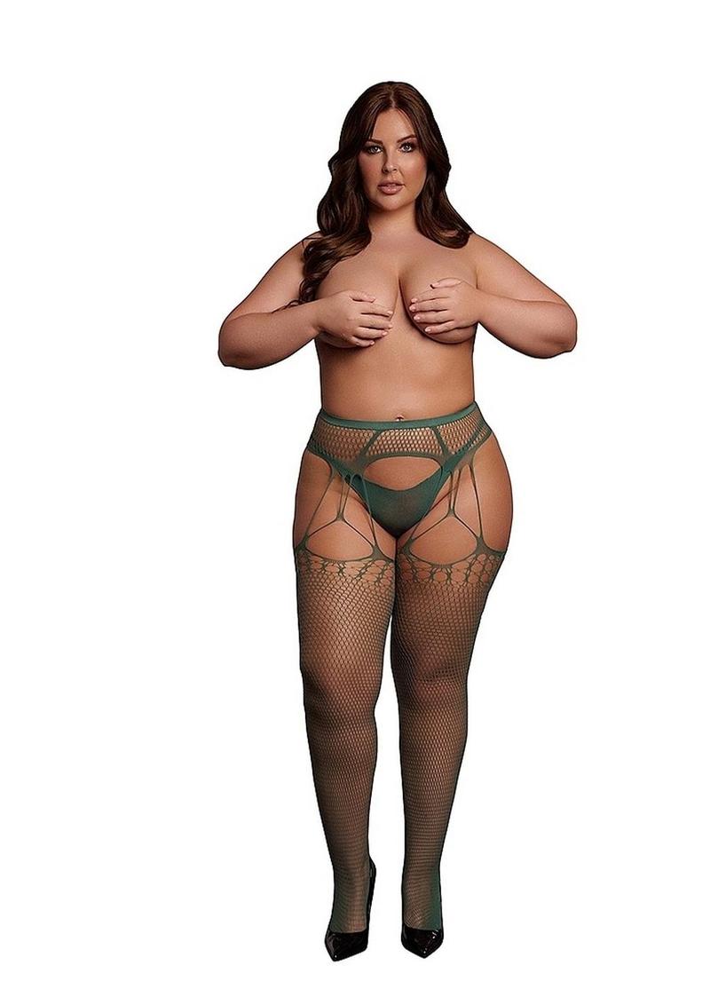 Le Desir Shredded Suspender Pantyhose - Green - Queen