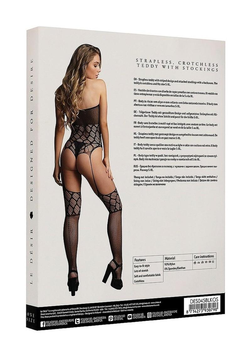 Le Desir Strapless Crotchless Teddy with Stocking - Black - One Size