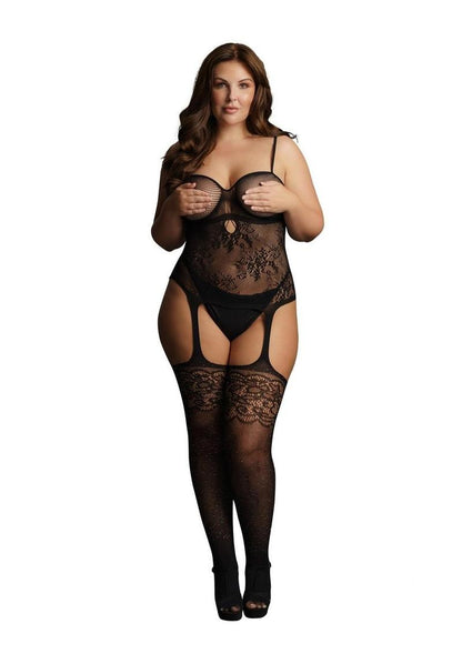 Le Desir Suspender Rhinestone Bodystocking - Black - Queen