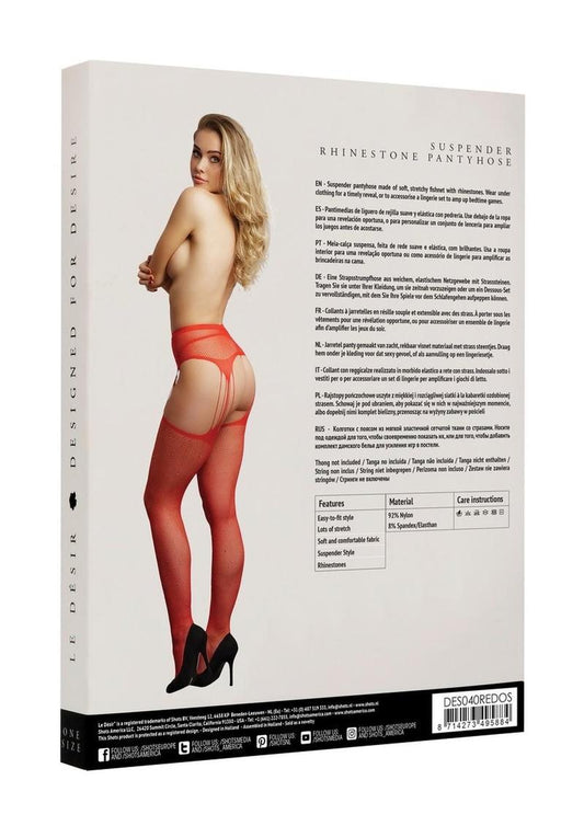 Le Desir Suspender Rhinestone Pantyhose - Red - One Size