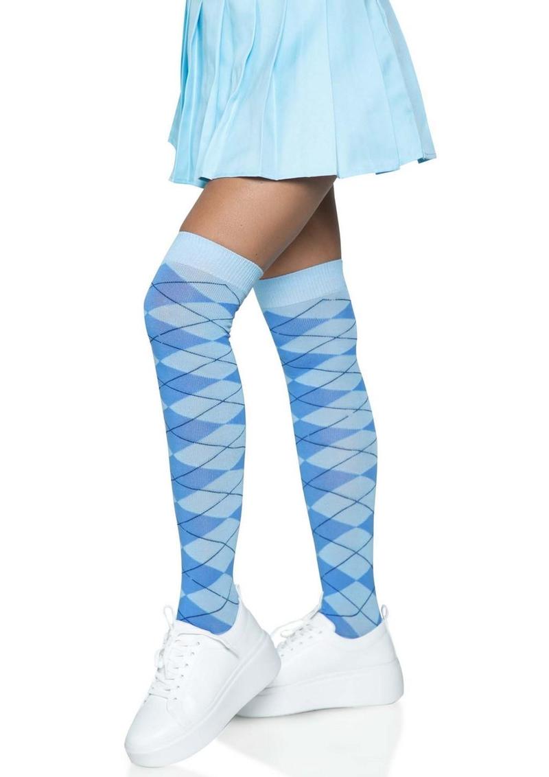 Leg Avenue Argyle Knit Over The Knee Socks - Blue - One Size