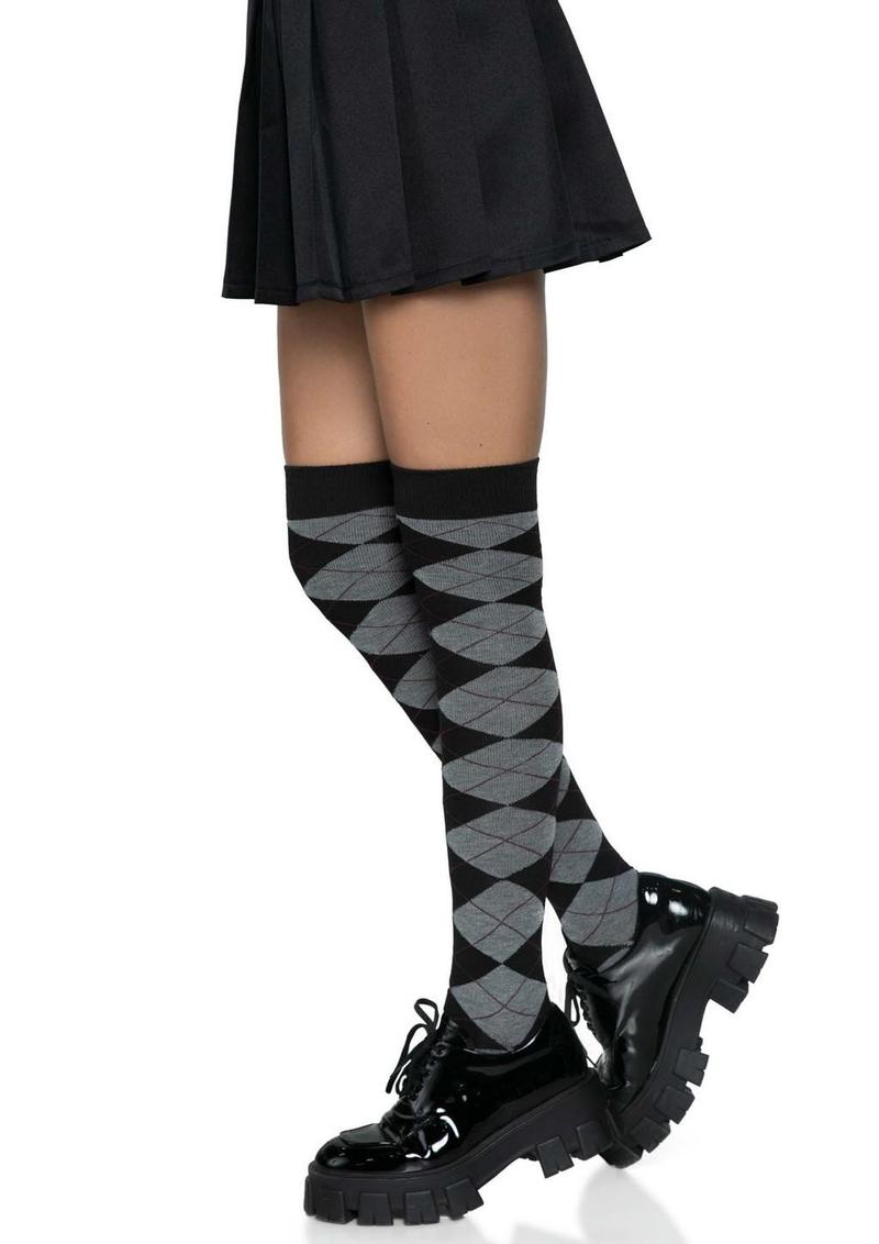 Leg Avenue Argyle Knit Over The Knee Socks - Grey - One Size