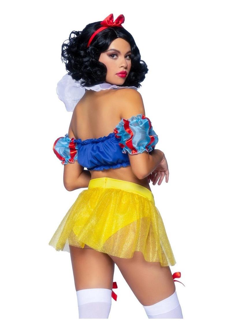 Leg Avenue Bad Apple Snow White, Shimmer Halter Bandeau with Organza Puff Sleeves and Ruffle Collar, Garter Panty with Shimmer Sheer Skirt, and Matching Bow Headband