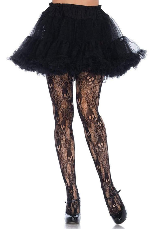 Leg Avenue Black Rose Skull Lace Tights - Black - Queen/XLarge/XXLarge