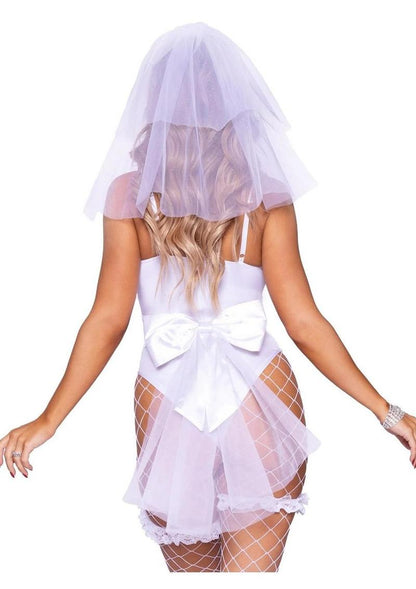 Leg Avenue Bridal Babe Lace Garter Bodysuit, Bow and Train Bustle, and Bridal Veil - White - Small - 3 Piece