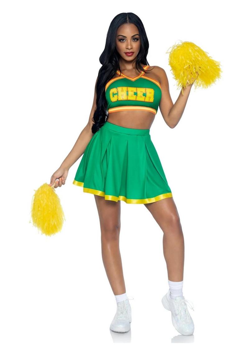 Leg Avenue Bring It Baddie Set Top with Cheer Logo, Pleated Skirt and Pom Pom - Green - XSmall - 3 Piece