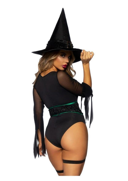 Leg Avenue Broomstick Babe Bodysuit with Lace Up Deep-V and Waist Cincher Buckle Accent, Attached Garters, and Witch Hat - Black - Small - 2 Piece